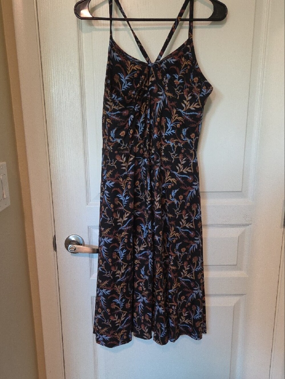 Black Floral Midi Dress with Blue and Tan Botanical Print - Picture 3 of 5